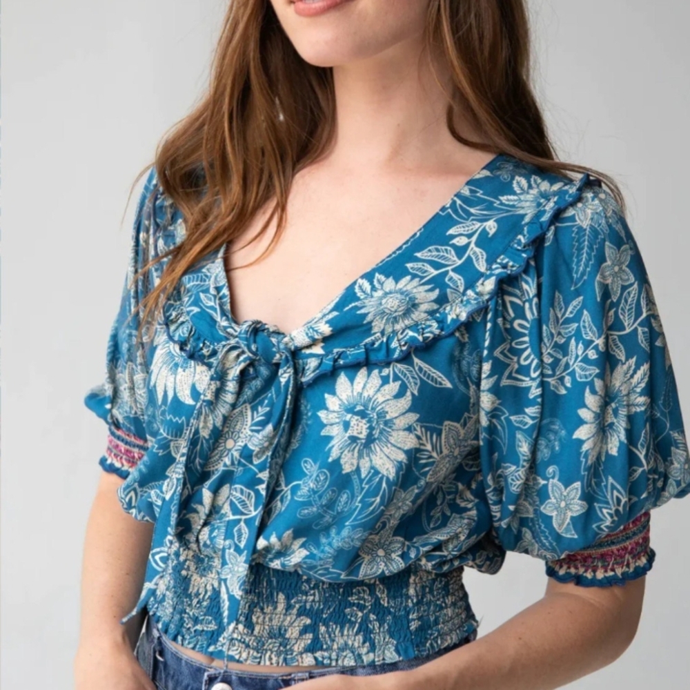 NATURAL LIFE Frilly Cottagecore Blue Floral Blouse XL NWT